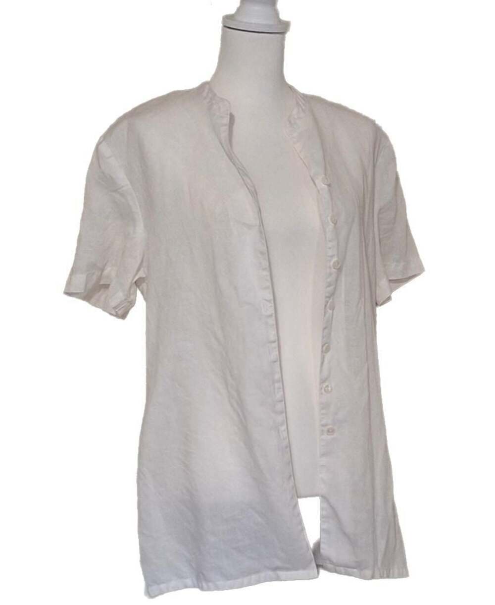 VTG Mandarin‎ collar, Split V-neck, Tunic button down White 100% Linen, Sz 10⁠